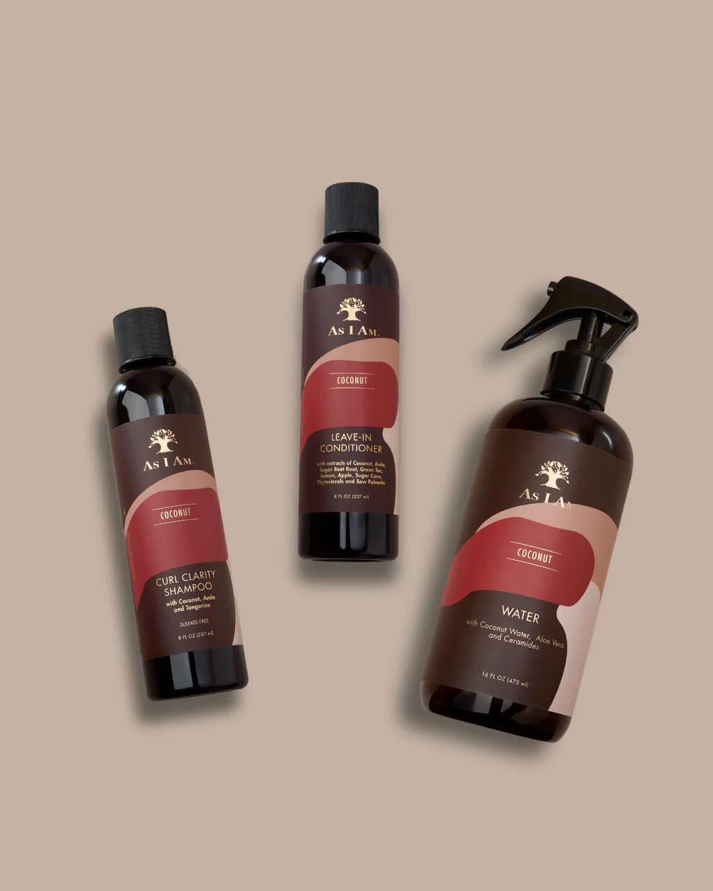 Eau de coco, shampooing Curl Clarity et après-shampooing sans rinçage à la noix de coco